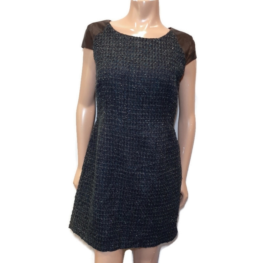 ABS Platinum Metallic Tweed Faux Leather Dress Black Green Womens Size 12 Large